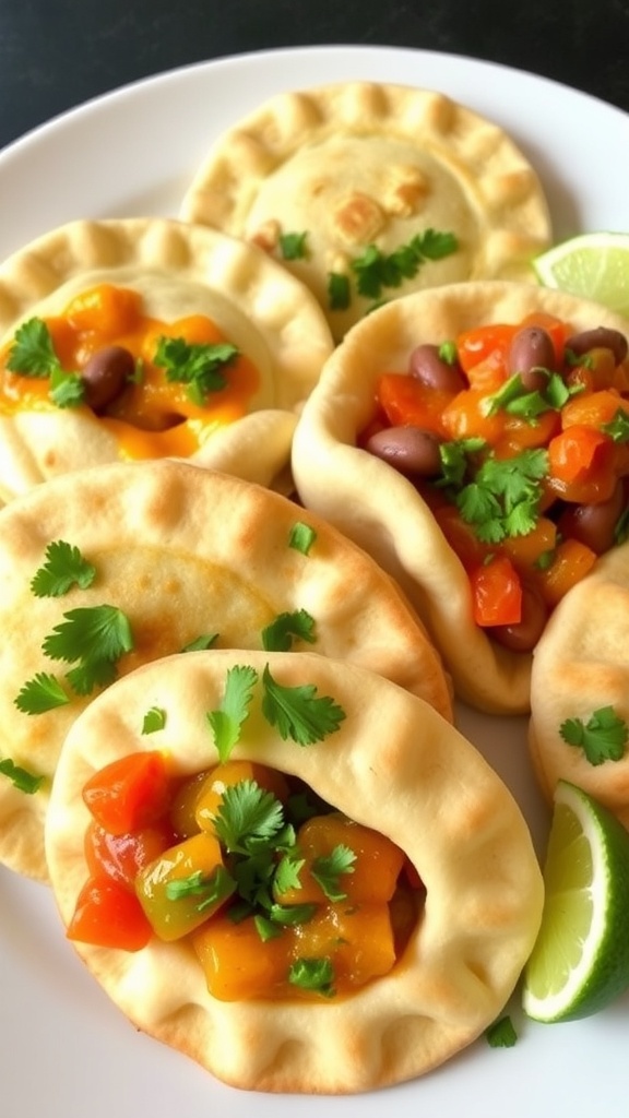 A plate of golden brown flour gorditas filled with cheese and beans, garnished with cilantro and lime.